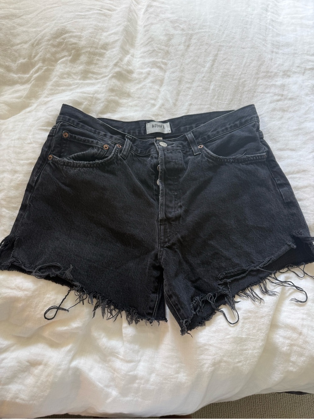 Agolde Black Distressed High-Rise Denim Shorts